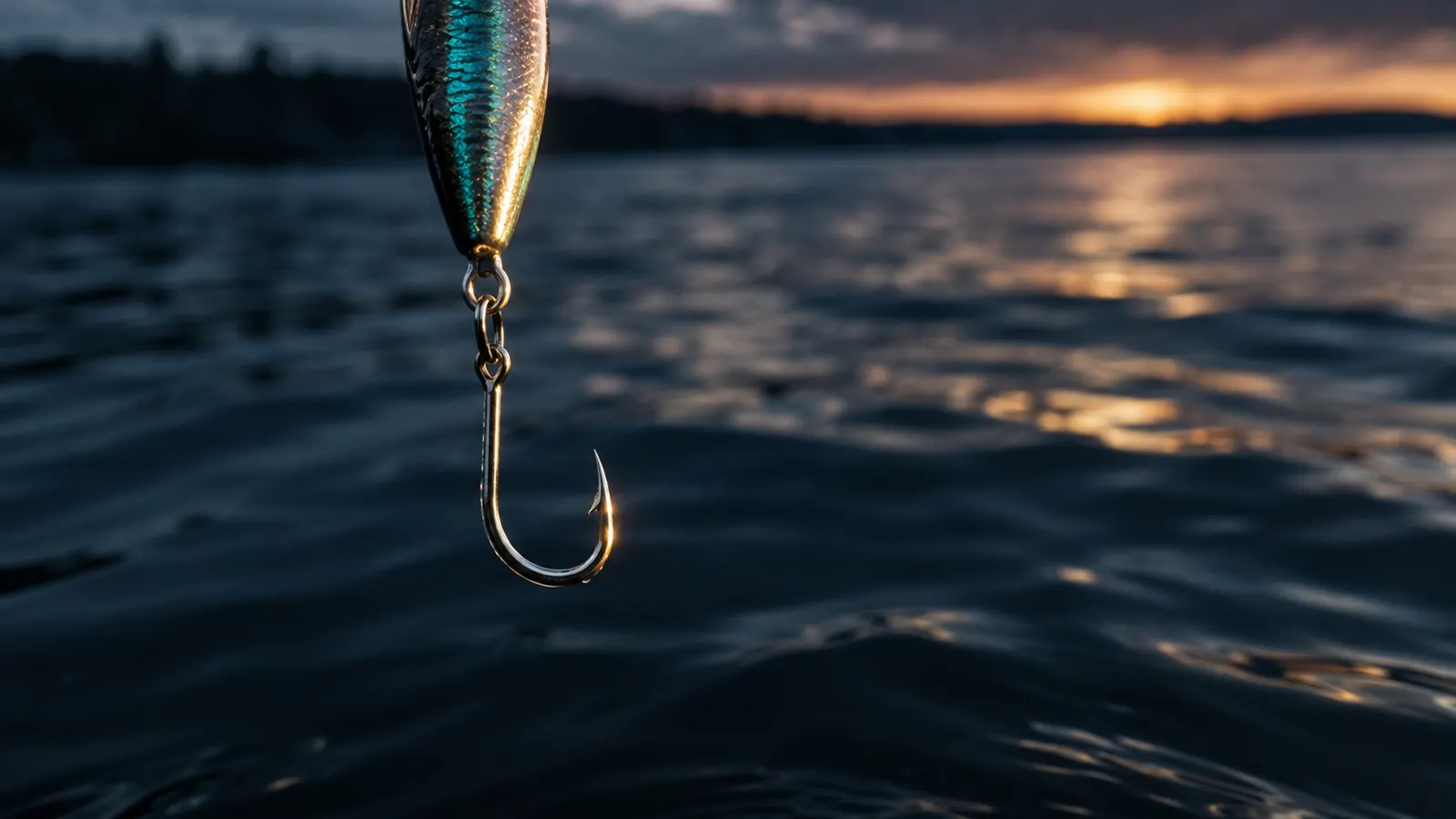 A fishing lure with a shiny hook dangling over dark water, sharp focus on the hook