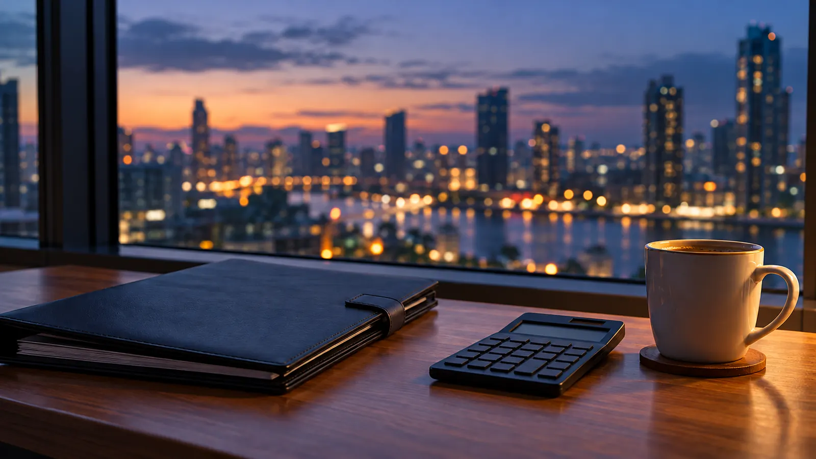 A neat desk with a closed folder, a plain calculator and a cup of coffee by a window at dusk, city lights blurred outside