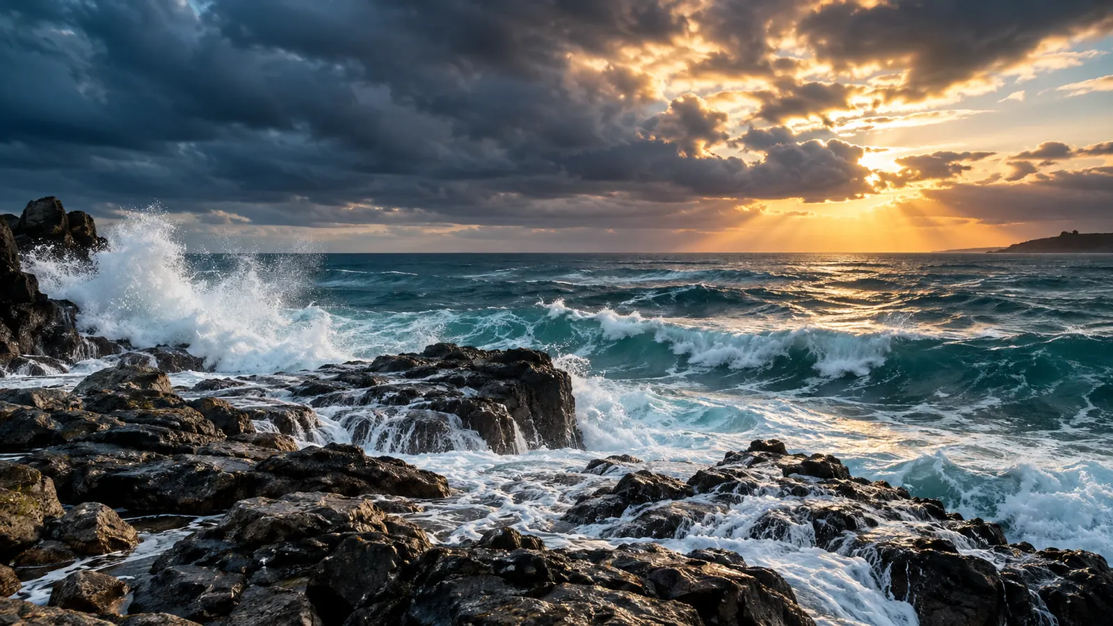 Ocean waves breaking unevenly against rocks under a dramatic cloudy sky, one bright patch of sun