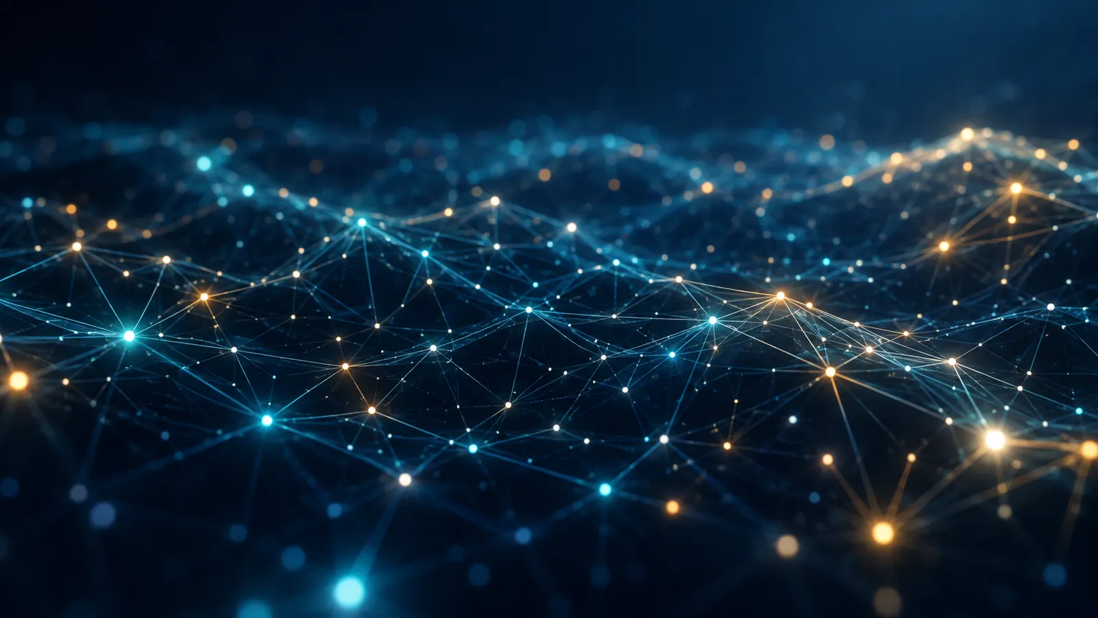 An abstract network of thin glowing lines connecting small points of light across a dark blue space, soft and calm