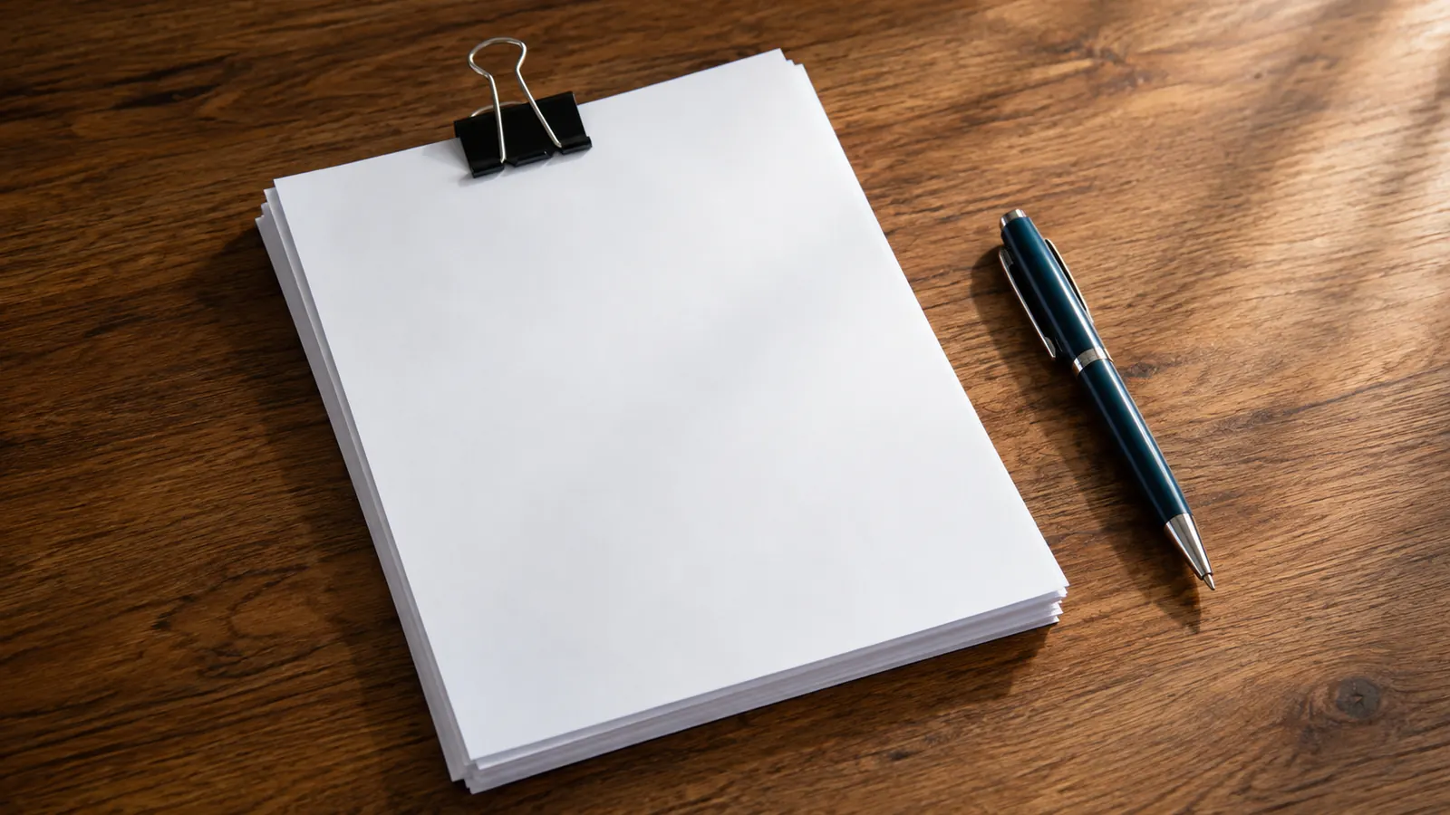 A stack of blank, unmarked paper forms held by a binder clip next to a pen on a clean wooden desk