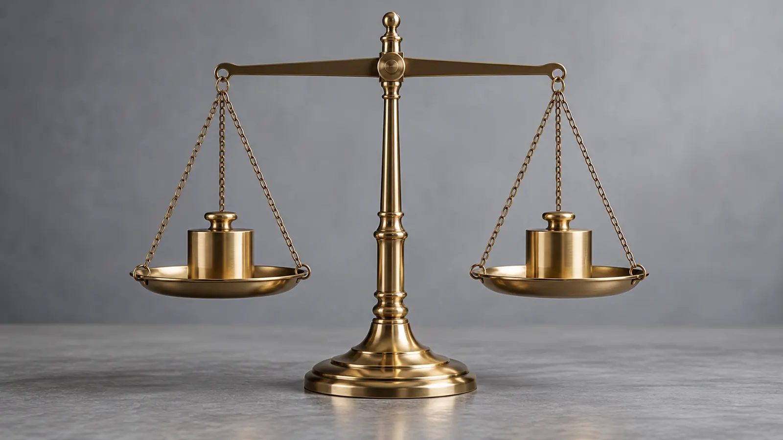A perfectly balanced brass scale with equal plain metal weights on both sides against a soft gray backdrop